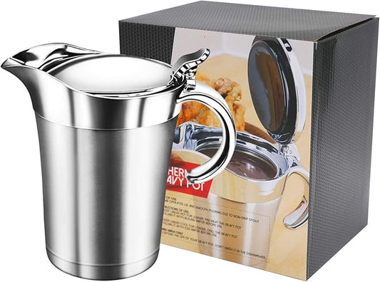 Gravy Boat 26oz Extra Large Double Insulated 304 Stainless Steel, Gravy Warmer, Double Wall Creamer Pitcher and Caramel Sauce for Coffee, Stainless Steel Pitcher