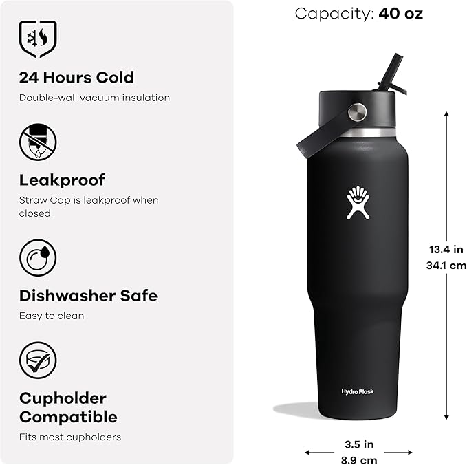 Hydro Flask Travel Water Bottle - Insulated Stainless Steel - Wide Straw Lid, Non Spill, Leakproof in 40 Oz Oat Tan