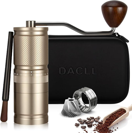 DACLL Manual Coffee Grinder with Numerical External Adjustable Setting, Capacity 30g with CNC Stainless Steel Conical Burr (gold)