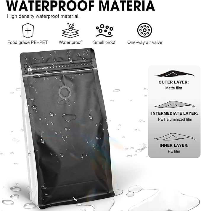 Coffee Bags with Valve(60pcs,16oz,1lb) Vented Coffee Beans Packaging Bags High Barrier Aluminumed Foil Flat Bottom Heat Sealed Side Zipper Resealable Storage Bag for Home or Business（Black+White）