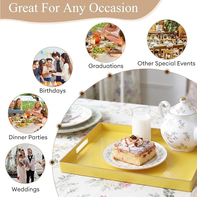 Zosenley Decorative Plastic Serving Tray with Handles, Modern Vanity Organizer for Bathroom, Kitchen, Ottoman and Coffee Table (Yellow, Rectangular)