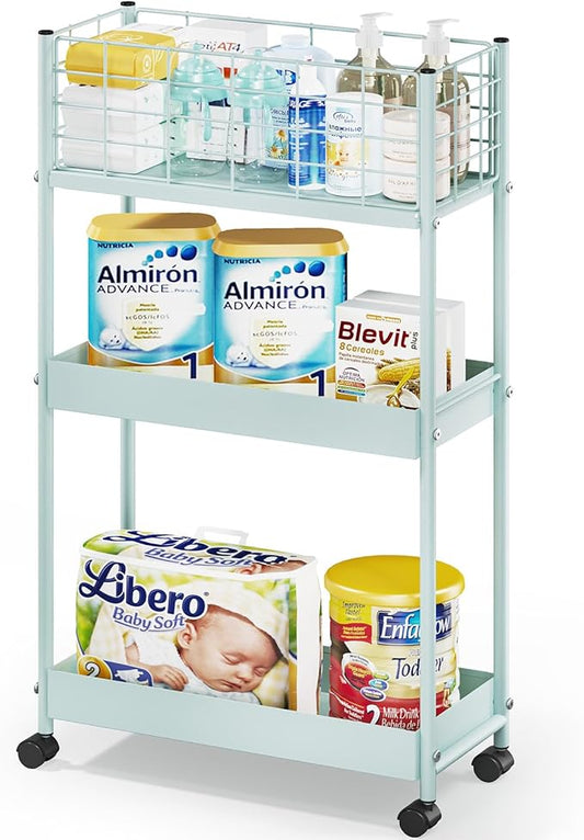 KINGRACK 3-Tier Rolling Cart with Wheels – Slim Metal Storage Organizer for Kitchen, Office & Coffee Station, Mint Green