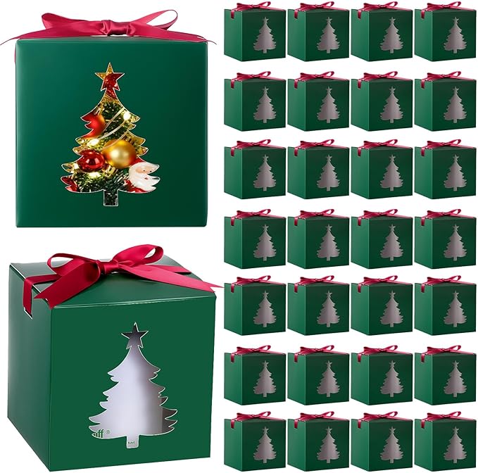 Yeaqee 24 Pcs Gift Boxes with Window Christmas Candle Gift Box Bulk Coffee Sublimation Mug 11oz 12oz 15oz Transparent Cup Wrapping Blink Xmas Tree for Baby Shower Wedding Christmas Party Favor
