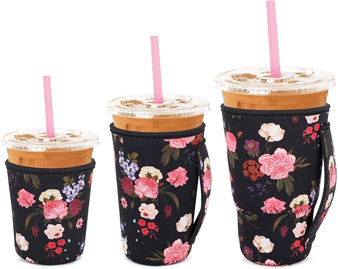 3 Pack Iced Coffee sleeve Insulated Neoprene Cup Sleeves with handle For Cold Drinks Beverages, Reusable Cup Holder for 16oz-32oz Coffee Cups (Vivid Flowers)