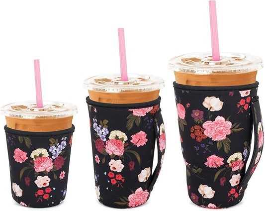 3 Pack Iced Coffee sleeve Insulated Neoprene Cup Sleeves with handle For Cold Drinks Beverages, Reusable Cup Holder for 16oz-32oz Coffee Cups (Vivid Flowers)