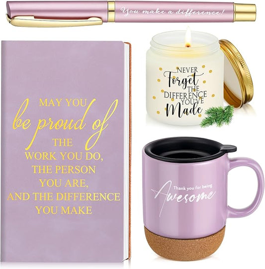 4 Pcs Thank You Gift Set for Women Men Coworker Employee Inspirational Appreciation Gifts Notebook Coffee Mug Scented Candle Pen for Valentine's Day Team Office Staff Teacher Nurse (Puple)