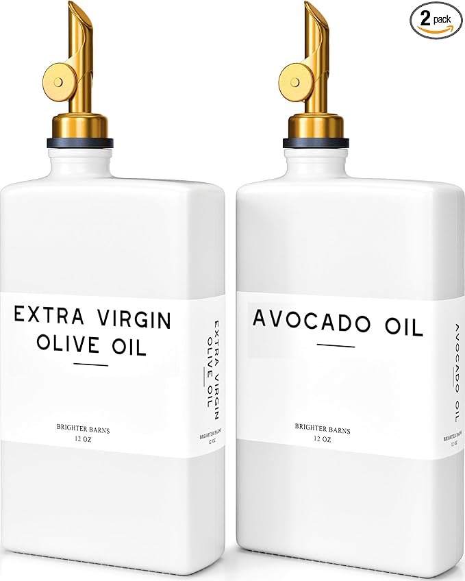 White Glass Olive Oil Dispenser Bottle for Kitchen by Brighter Barns - Avocado Oil Dispenser Set, Vanilla Syrup Bottle - Modern Decor, Gold Kitchen Accessories for Airbnb, Cafe (White/Gold, Set of 2)