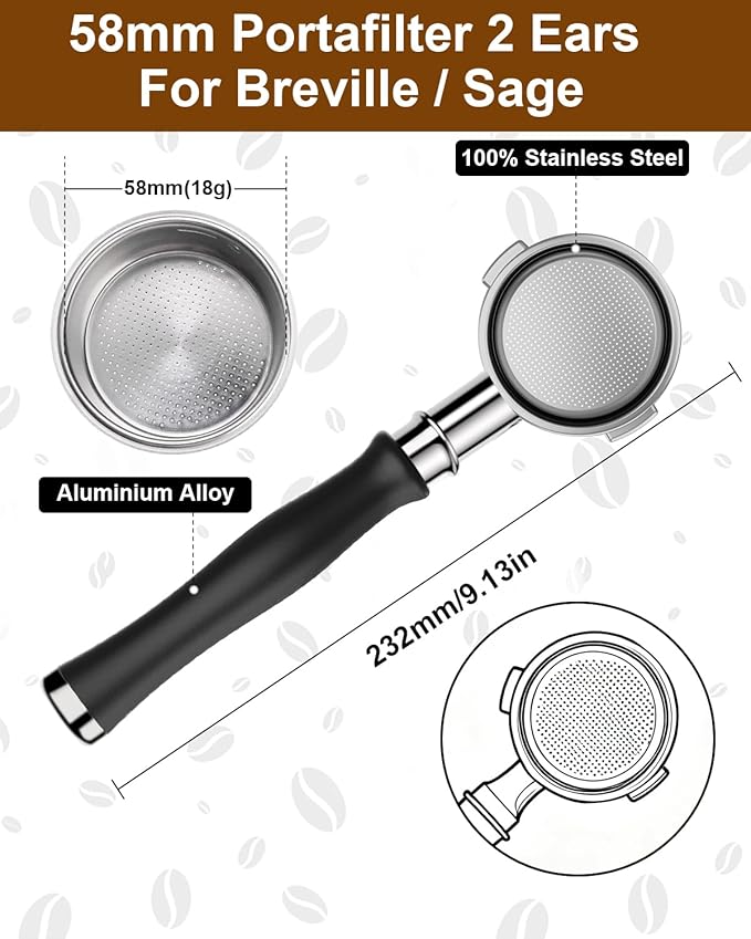 58mm Bottomless Portafilter For Breville, 2 Ears Slim Naked Portafilter Fits Breville Espresso Machines BES900XL, BES920XL, BES980XL, BES990BSS with Aluminum Handle, 18g Double Shot Filter Basket