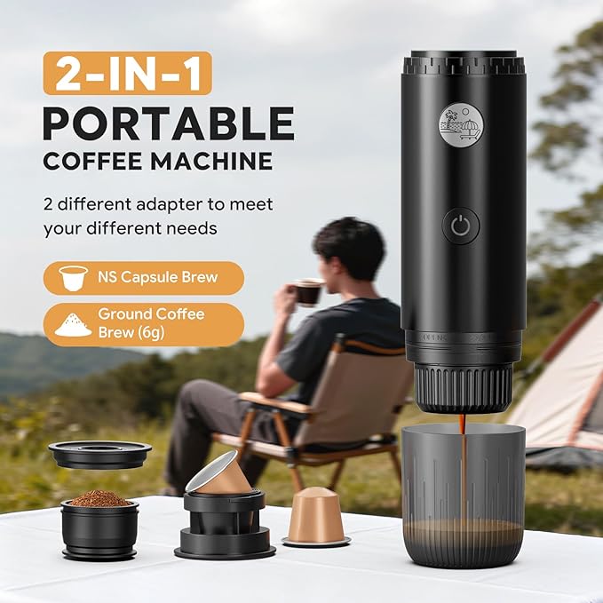 Portable 2-in-1 Coffee Maker, Portable 20 Bar Espresso Machine with Automatic Heating, Compatible with NS and Ground Coffee for Camping, Hiking Travel and Home (Black)