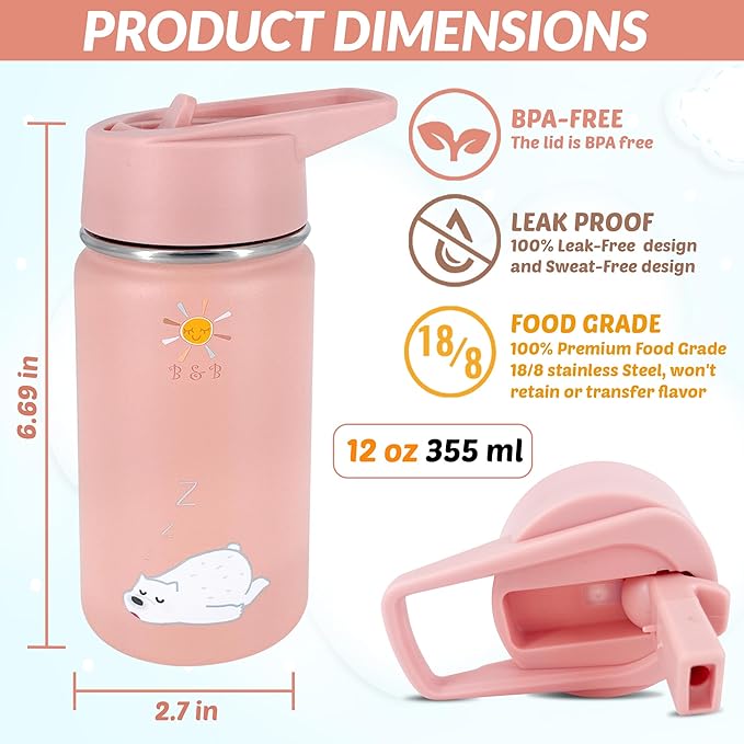 B&B Kids Stainless Steel Water Bottle with Straw Kids Insulated Water for School, Trip & Travel,Water Bottles for Boys Girls Reusable Double Wall Vacuum Leak Proof BPA Free