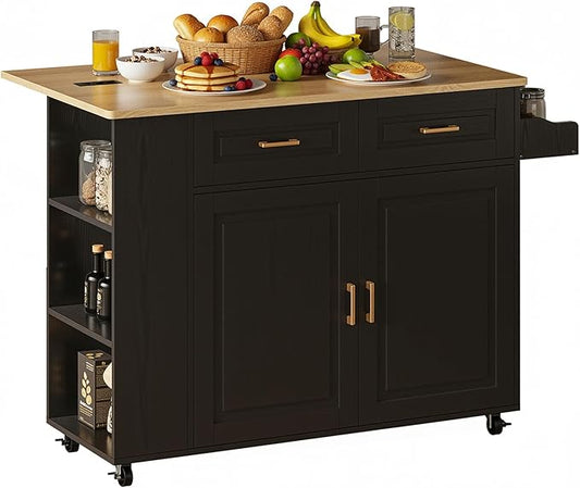IRONCK Kitchen Island with Power Outlet & Drop Leaf, 47.2" Width Rolling Kitchen Island on Wheels with Storage, Mobile Kitchen Island Cart with Spice Rack, Open Shelves and Drawer, Black