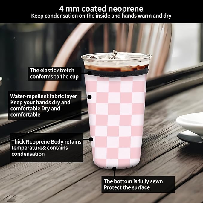 Reusable Neoprene Insulator Sleeve for Iced Coffee Cold Soda Cups, Cute Durable Drink Sleeve for Cold Beverages, Medium 22-28oz Cup Sleeve Cute Pink Checkerboard