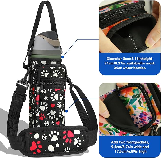 Neoprene Water Bottle Holder Bag with Cell Phone Pocket Compatible with Owala FreeSip 24 oz，Water Bottle Carrying Bag ，with Adjustable Shoulder Strap,for 24oz Stainless Steel Water Bottle
