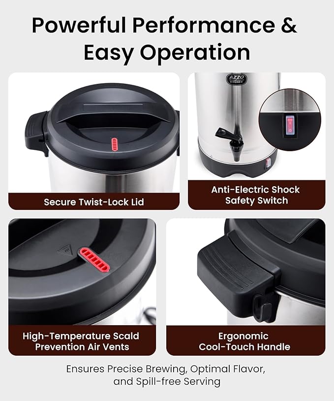 AZZO KITCHEN Commercial Coffee Maker 45-Cup Large Coffee Urn with Percolator Coffee Pot Electric 6.9L Stainless Steel Fast Brew Hot Water Dispenser for Tea Catering Events Home Office Easy Cleaning