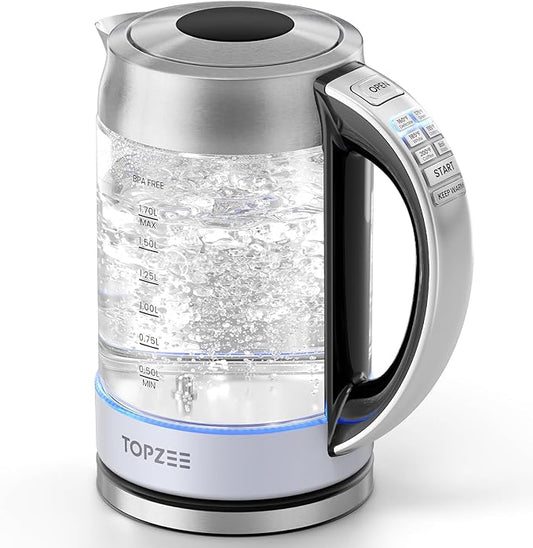 TOPZEE 1.7L Glass Electric Kettle for Coffee & Tea, Hot Water Boiler with 6 Preset Temperatures, Keep Warm and Memory Function, Auto Shut-off & Dry Boil Protection, BPA Free, Rapid Boil, 1500W, Blue