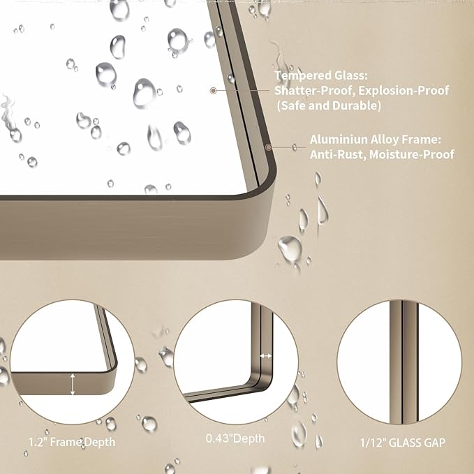 LOAAO 48”X36” Bronze Bathroom Mirrors for Vanity, Rounded Rectangle Brushed Bronze Metal Frame Mirror, Anti-Rust, Tempered Glass, Hangs Horizontally or Vertically