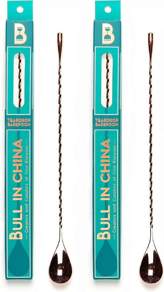 Teardrop Barspoon by Bull In China - 12" / 30cm Copper Weighted Cocktail Stirring Spoon With Spiral Pattern for Bars & Bartenders