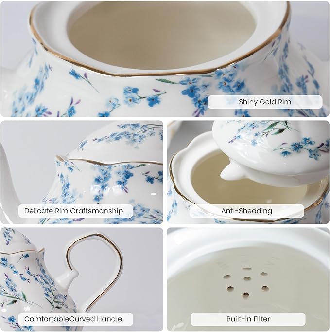 33.8 oz Porcelain Tea Pot Luxury Gold Trim Floral Ceramic Teapot Waterpot Tea Maker for Blooming Loose Leaf Tea Coffee Milk Chrismas Women Gift Housewarming Home Kitchen Décor (Blue Blossom)