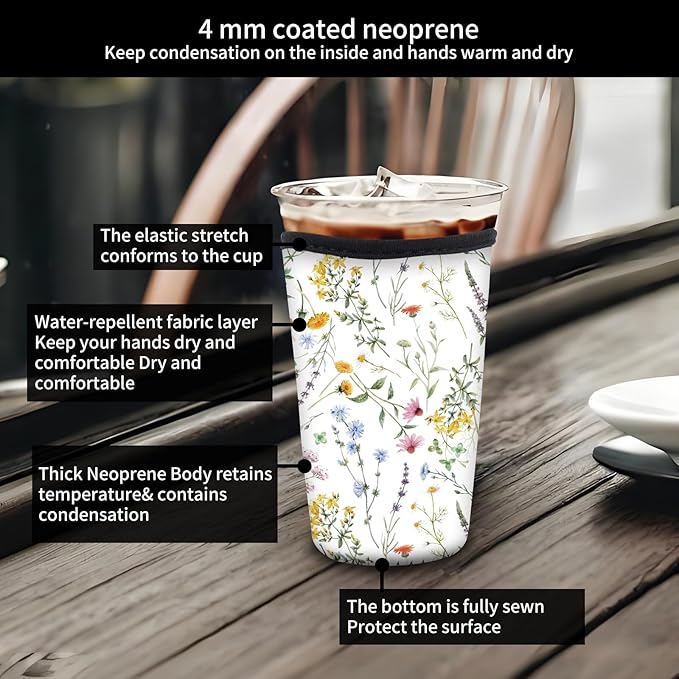 Reusable Neoprene Insulator Sleeve for Iced Coffee Cold Soda Cups, Cute Durable Drink Sleeve for Cold Beverages, Medium 22-28oz Cup Sleeve Beautiful Flowers