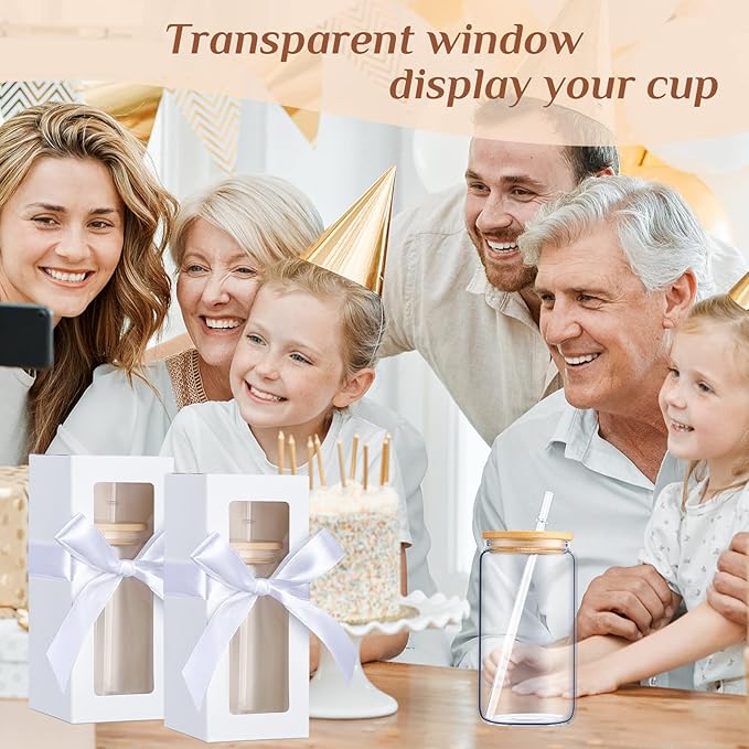 Honoson 24 Pcs Tumbler Gift Box with Ribbon for Sublimation Glass Exhibition Boxes Transparent for 12oz 16oz 20oz Drinking Cup Glasses Jars Mug Can Blanks (White)