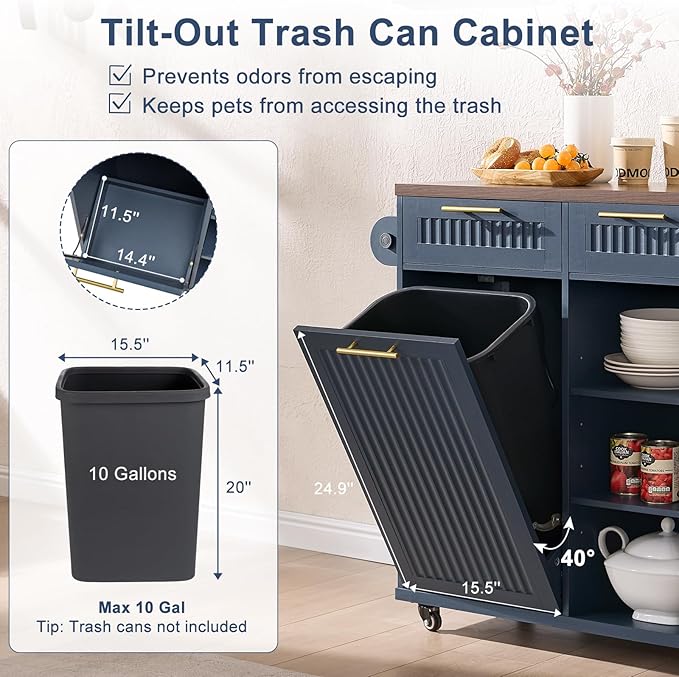 Okvnbjk 57" Kitchen Island with Storage & Drop Leaf — Kitchen Rolling Island with Trash Can Storage Cabinet, Large Mobile Island Cart on Wheels with Power Outlet, Spice & Towel Rack, Navy Blue