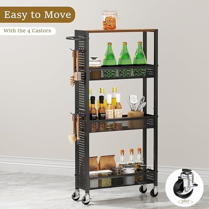 Utility Slim Storage Cart 4 Tier Small Rolling Kitchen Laundry Room Organization Cart with Wood Top Metal Narrow Laundry Room Shelves Cabinet Unit Laundry Organizer Trolley with Handle for Small space