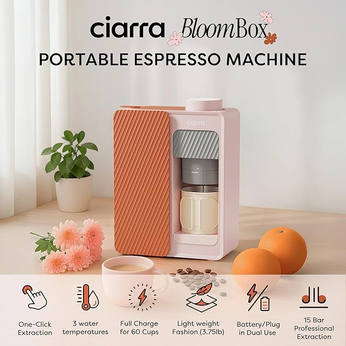 CIARRA Bloombox Compact Single Serve Coffee Maker, 15 Bar Rich Flavor Brew Espresso Coffee Machine for Travel Camping RV Office Home, Easy to use, 6.1oz Stainless Steel Water Tank