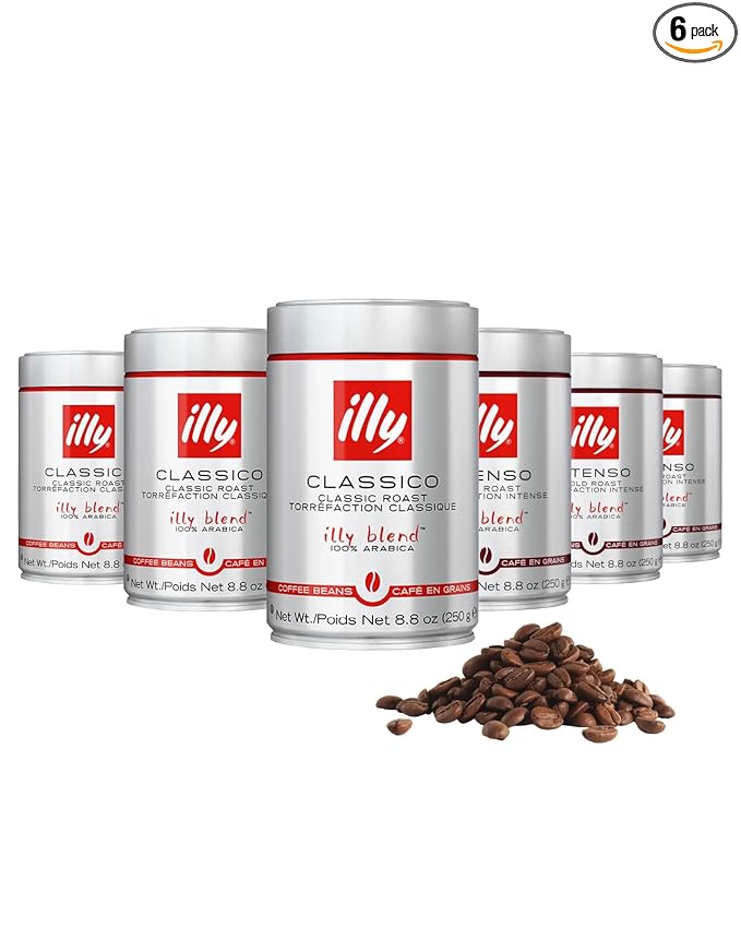illy Whole Bean Coffee, Classico Medium & Intenso Dark Roasts, 100% Arabica, Premium Italian Coffee, Ideal for Espresso, Drip, Moka and French Press Brewing, 8.8oz, 6 Variety Pack