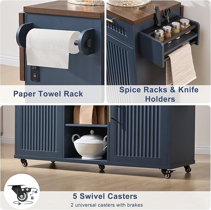 Okvnbjk 57" Kitchen Island with Storage & Drop Leaf — Kitchen Rolling Island with Trash Can Storage Cabinet, Large Mobile Island Cart on Wheels with Power Outlet, Spice & Towel Rack, Navy Blue