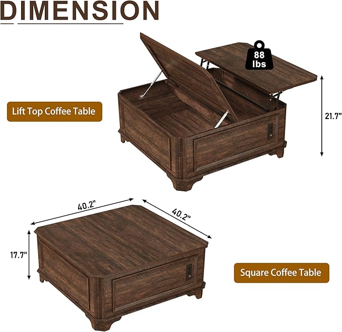 40 Inch Farmhouse Lift Top Coffee Table with Charging Station & Hidden Storage - Square Center Table with Adjustable Lifting Top, Large Storage Cabinet for Living Room, Bedroom, Home Office, Brown