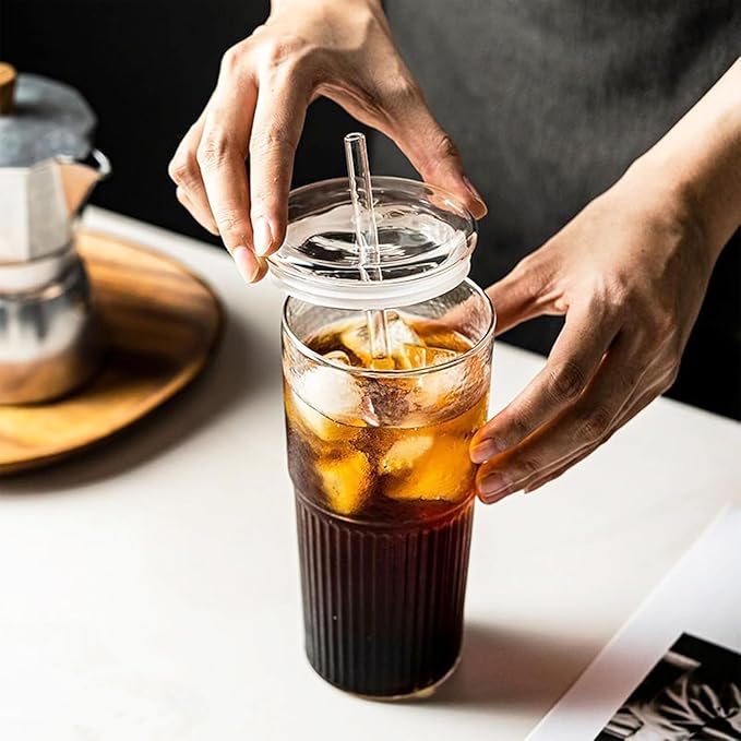 Glass Tumbler with Straw and Lid, 20 OZ Clear Iced Coffee Glasses Cups for Ice Water, Juice, Tea, Milk, Smoothie and Cold or Hot Drinks, Set of 2