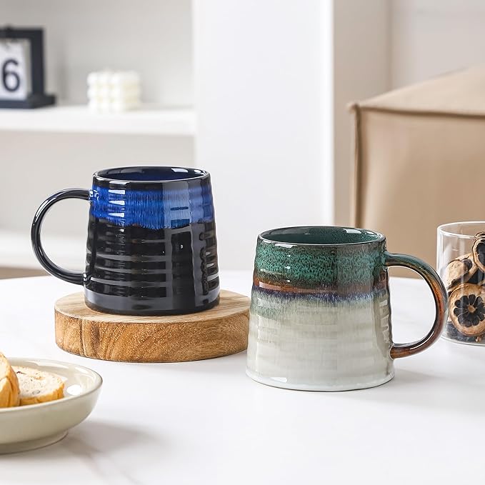 Large Ceramic Coffee Mug, Handmade Pottery Mugs, Tea Cups with Big Handle for Office and Home, 15.5 oz, Dishwasher and Microwave Safe (Ink Green)