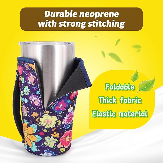 3 Pack Iced Coffee sleeve Insulated Neoprene Cup Sleeves with handle For Cold Drinks Beverages, Reusable Cup Holder for 16oz-32oz Coffee Cups (Cherry Blossom)