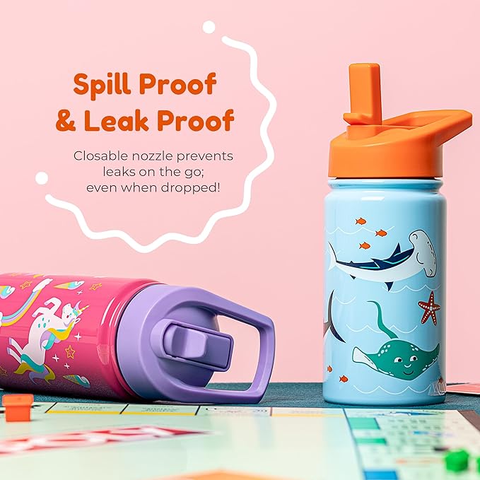 BOZ Kids Insulated Water Bottle with Straw Lid, Stainless Steel Vacuum Double Wall Water Cup, 14 oz (414ml). Scratch-resistant Cute Print and Carry Handle, BPA-free and Dishwasher-safe (Construction)