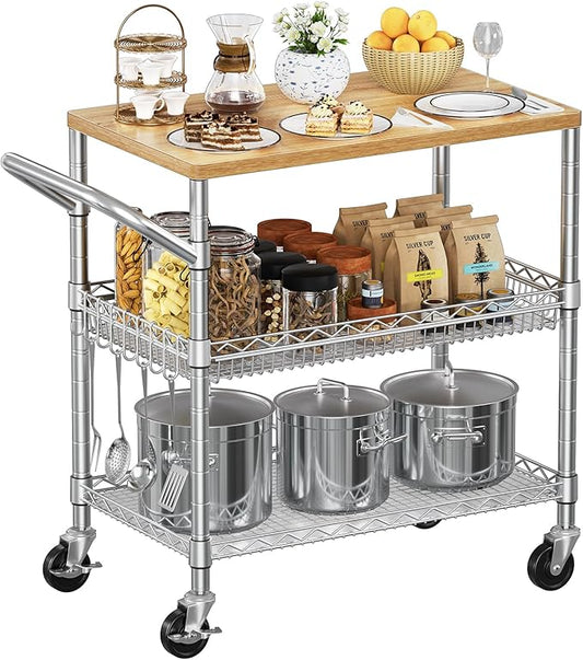NTE Rolling Kitchen Carts on Wheels, 650Lbs Capacity 3 Tier Utility Cart with Wood Tabletop, Kitchen Storage Cart with 8 Hooks, Metal Serving Cart with Handle and Shelf Liners for Kitchen, Restaurant