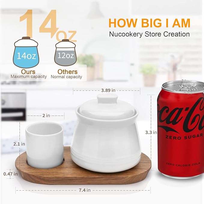 Nucookery Porcelain Sugar Bowl Set – 14 Ounce Large Sugar Jar with Lid and Measuring Spoon – Deluxe Salt Bowl with Spoons – Practical Design with No Notch Lid – Elegant Salt Container White