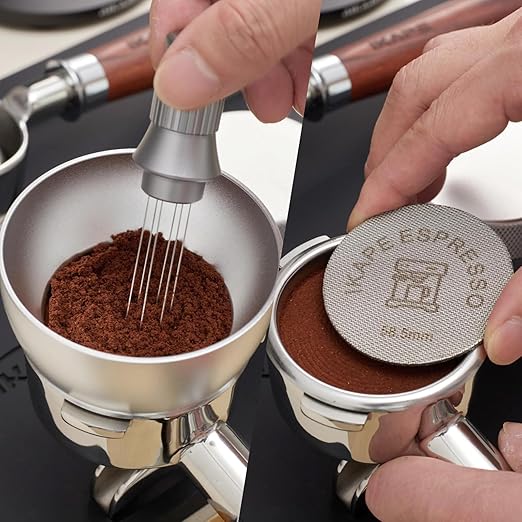 IKAPE Magnetic Dosing Funnel Set, 58MM Espresso Dosing Ring & Puck Screen Kit Compatible with 58 mm Bottomless Portafilter - with 10 Small Magnet (Silver)