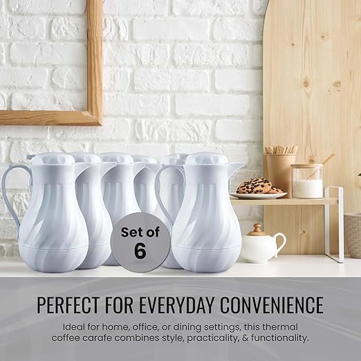 OCS Parts Set of 6 Easy Pour Thermal Coffee Carafes | 10-Inch Insulated Hot and Cold Beverage Pitcher Server for Coffee, Tea, Hot Chocolate and Water | 42-Ounce | White
