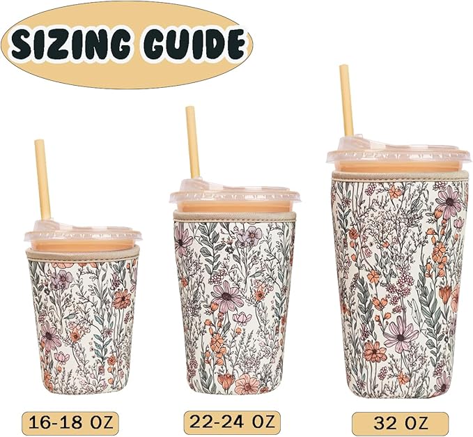 Reusable Insulated Neoprene Iced Coffee Cup Sleeve, Durable Drink Sleeve for Cold Beverages, Beverage Holder for Iced Coffee, Bloom Magic