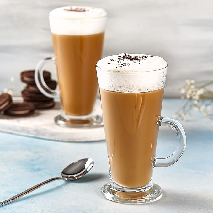Crystalia Irish Coffee Glasses Set of 2, Latte Mugs with Handle, Clear Tall Glasses for Iced Coffee, Latte, Cappuccino, Hot Chocolate, and Hot Toddy (Small 9 oz)