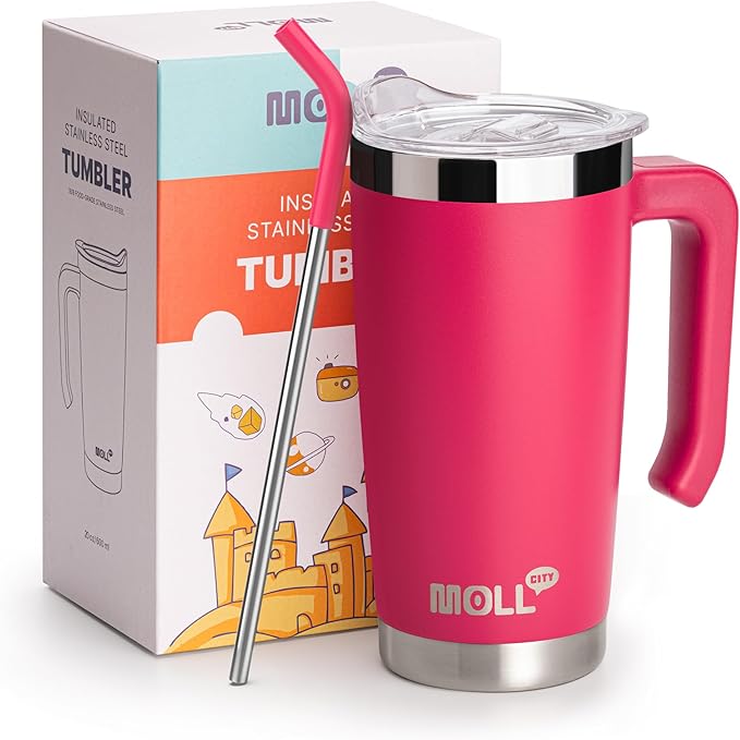 20 oz Tumbler with Straw Stainless Steel Double Wall Vacuum Insulated Coffee Travel Mug with Handle-Reusable Metal Leak Proof Water Cup for Women(Rose Red)