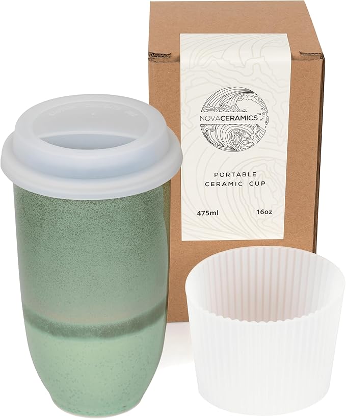 NOVA CERAMICS Coffee Travel Mug – Reusable Coffee – Microwave & Dishwasher Safe Coffee Green Tumbler - Gifts For Women Men Him Her – 16oz – Emerald