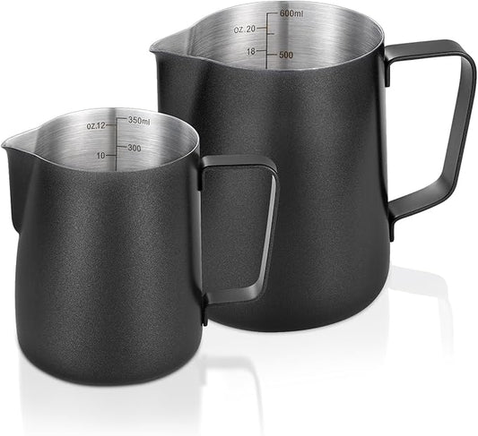 2 Pack Matte Black Milk Frothing Pitcher, 12oz/350ml & 20oz/600ml Espresso Steaming Pitcher, Stainless Steel Milk Frother Steamer Cup, Perfect for Espresso Coffee Cappuccino Latte Art