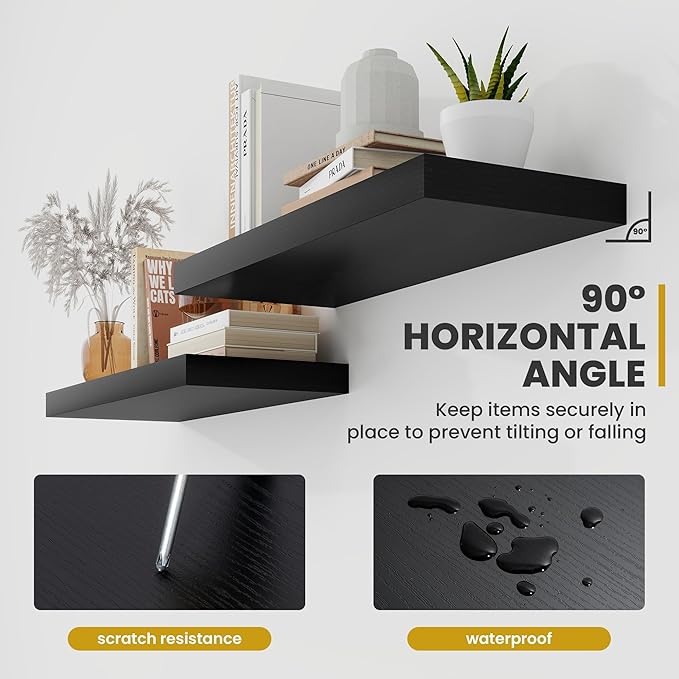 30 Inch Floating Shelves, 9.3" Deep Floating Shelf Wall Mounted, 30" Wall Shelves, Rustic Deep Bookshelf, Large Display Shelves & Storage Shelves for Bedroom, Living Room, Black, Set of 2