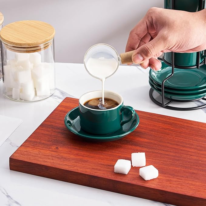 Meichu 2.5oz Porcelain Stackable Espresso Cups with Saucers and Metal Stand Set of 4, Stackable Espresso Cups Set of 4, Green Expresso Shots Cup Set for Cappuccino, Coffee Drinks, Latte, Tea
