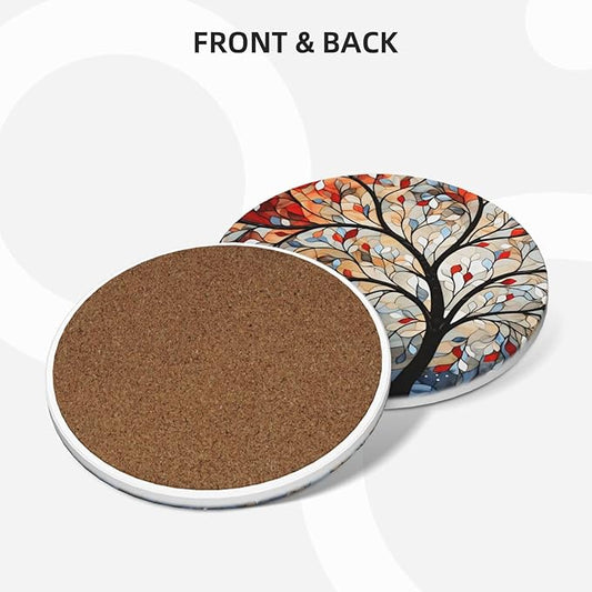 Ceramic Coasters Set of 4 – Artistic Tree Pattern, Absorbent with Cork Base