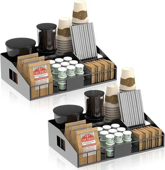 Metal Coffee Station Organizer for Countertop, 2-Pcs Coffee Bar Organizer with Designable DIY Logo, K Cup Pods Holder & Tea Condiment Storage - Rustic Breakroom Kitchen Decor Balck