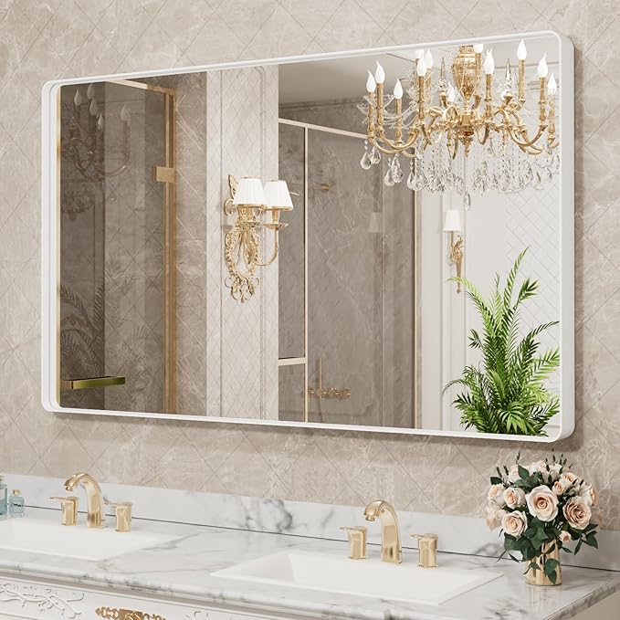 LOAAO 60x40 Inch White Metal Framed Bathroom Mirror for Wall, White Bathroom Vanity Mirror Farmhouse, Large Rounded Rectangle Mirror, Anti-Rust, Tempered Glass, Hangs Horizontally or Vertically