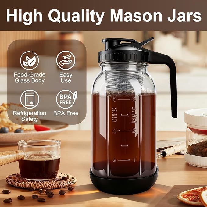 RuileMei Cold Brew Coffee Maker,64 oz mason jar pour spout lid, coffee carafe,Refillable Stainless Steel Filter,Non-slip silicone sleeve for glass pitcher, Homemade Beverage