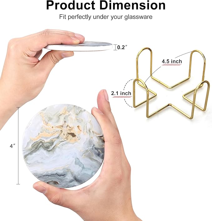 6 Pcs Grey Abstract Ceramic Coasters with Holder: 6 Round Modern Drink Coasters, Absorbent, Non-Slip, Gold Metal Holder